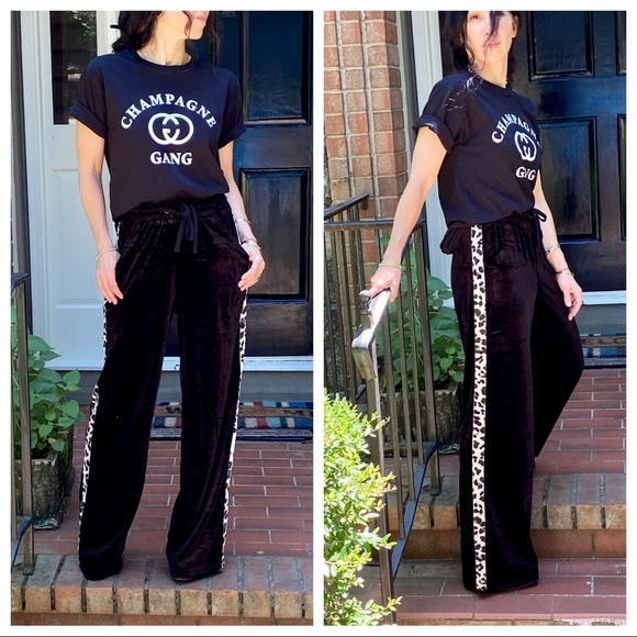 BLACK VELVET WIDE LEG PANTS W/LEOPARD SIDE TRIM - Picture 3 of 16